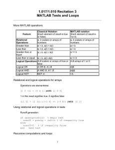 1.017/1.010 Recitation 3 MATLAB Tests and Loops  More MATLAB operations