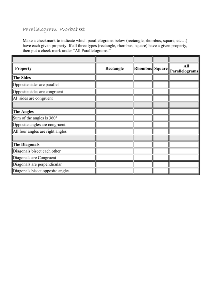 Parallelogram Properties Worksheet: Geometry Practice