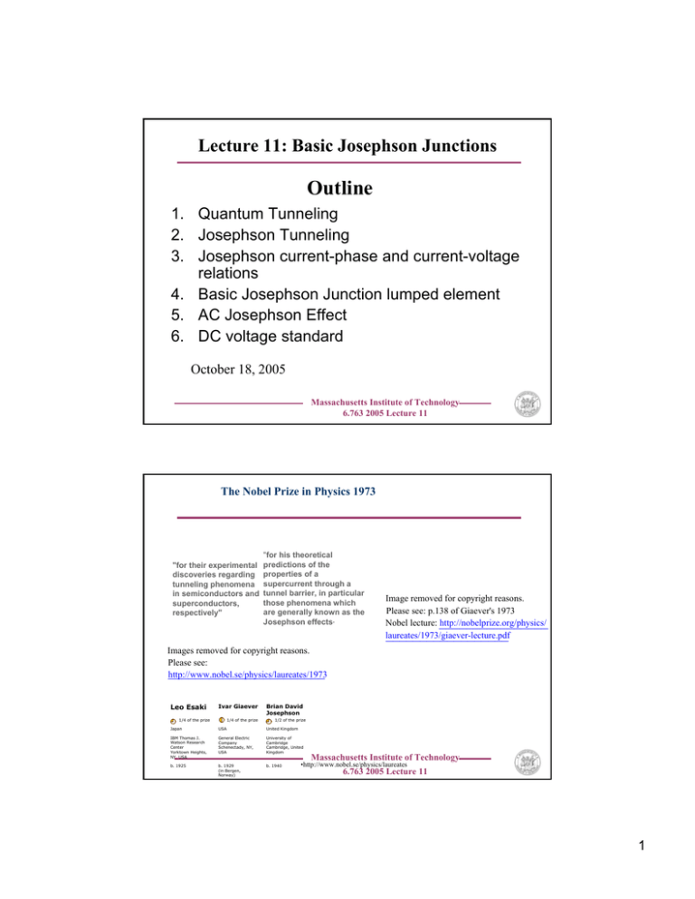 Outline Lecture 11: Basic Josephson Junctions