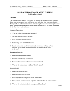 “Communicating Across Cultures”  MIT Course 21F.019 SOME QUESTIONS TO ASK ABOUT CULTURE
