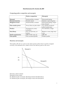 Math Recitation #5– October 20, 2009 Comparing perfect competition and monopoly Monopoly