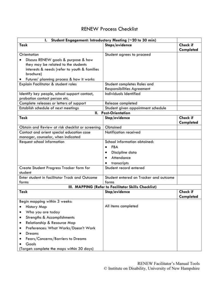 RENEW Process Checklist