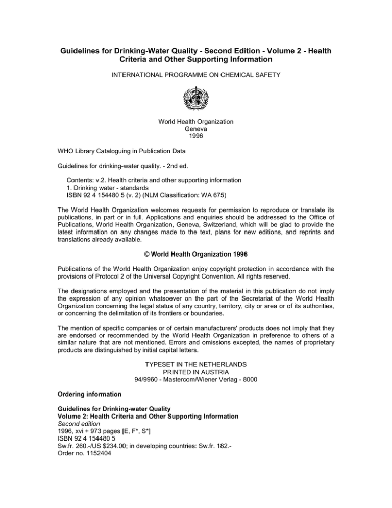 Guidelines for DrinkingWater Quality Second Edition Volume 2