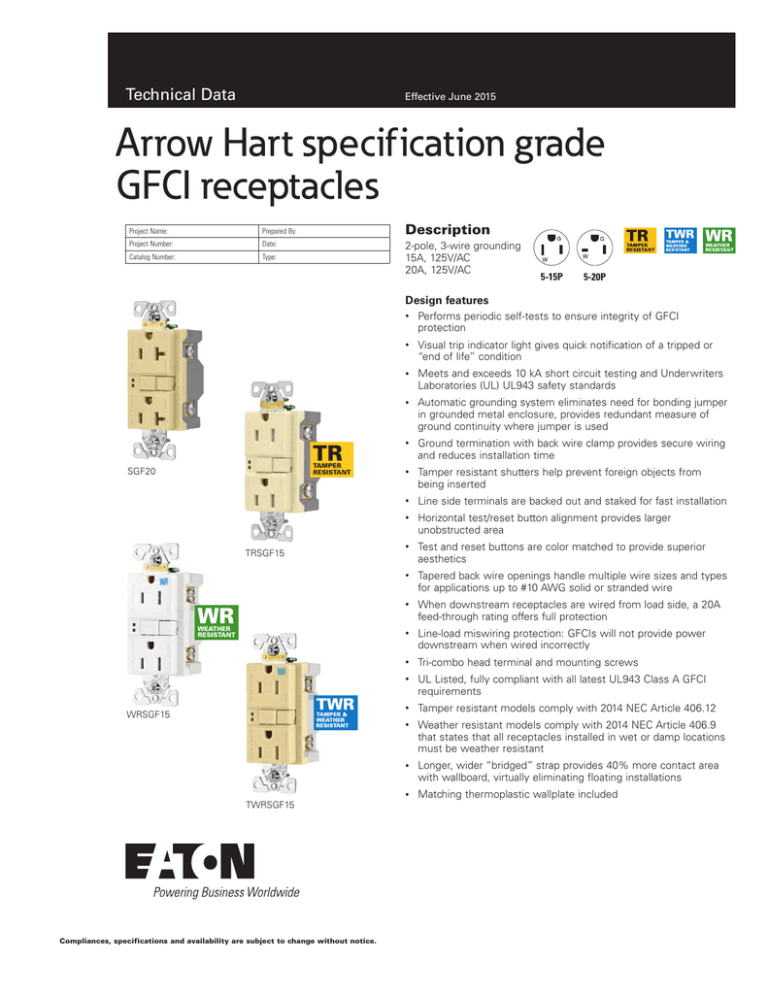 Arrow Hart specification grade GFCI receptacles Technical Data Description