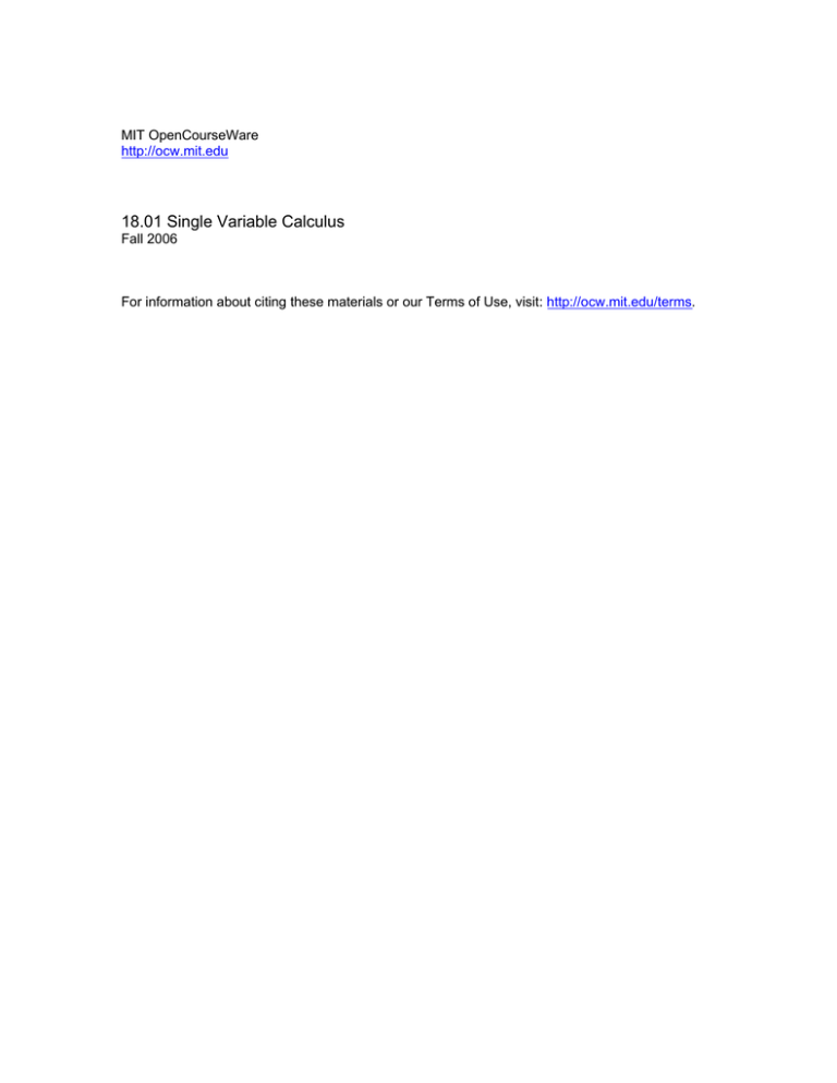 18 01 Single Variable Calculus Mit Opencourseware Fall 06