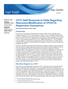 CFTC Staff Responds to FAQs Regarding Rescission/Modification of CPO/CTA Registration Exemptions