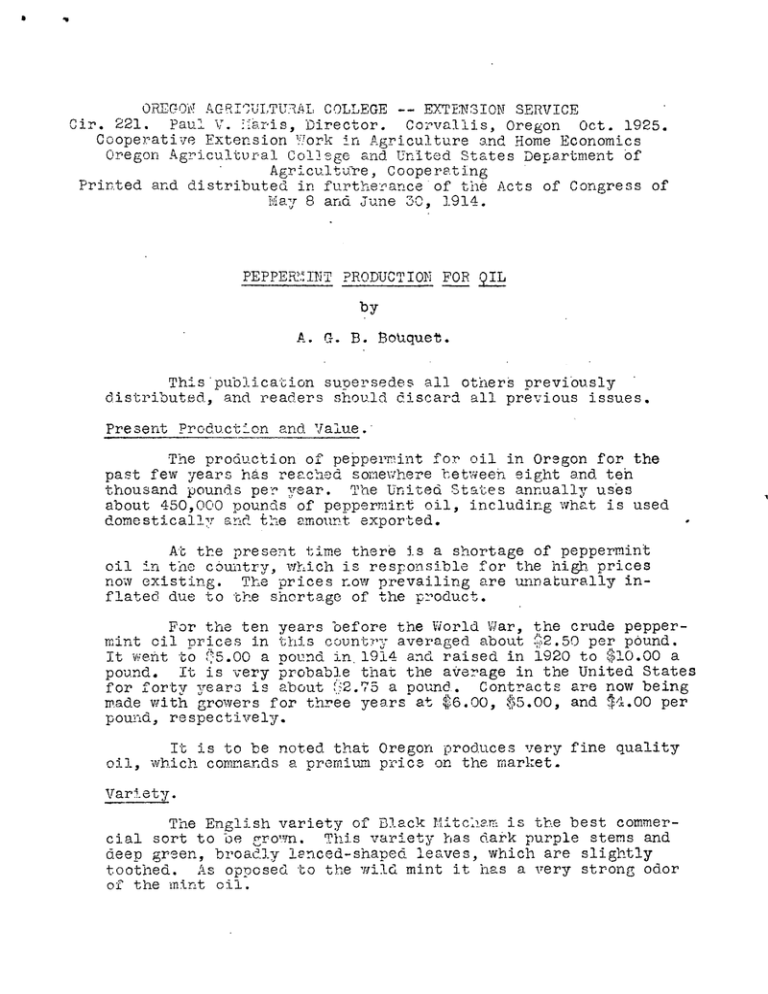 OREGQ'iM AGRICULTURAL COLLEGE EXTENSION SERVICE