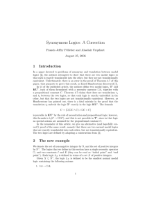 Synonymous Logics: A Correction 1 Introduction Francis Jeffry Pelletier and Alasdair Urquhart