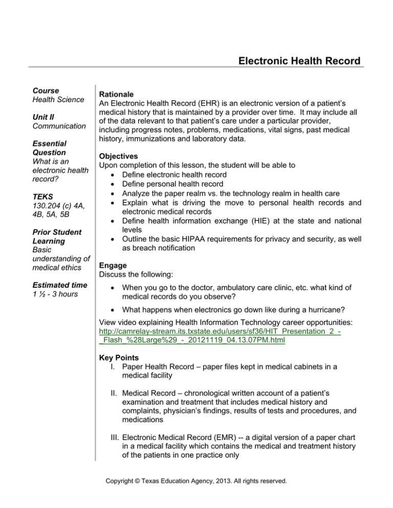 Electronic Health Records: Course Material