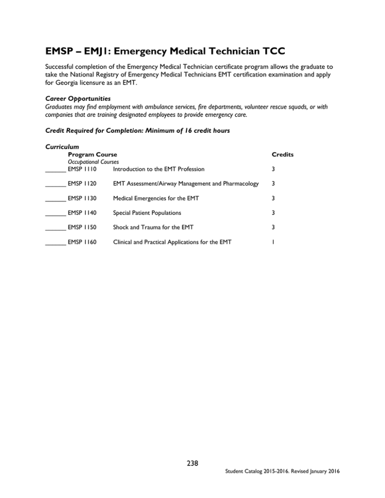 EMSP EMJ1 Emergency Medical Technician TCC