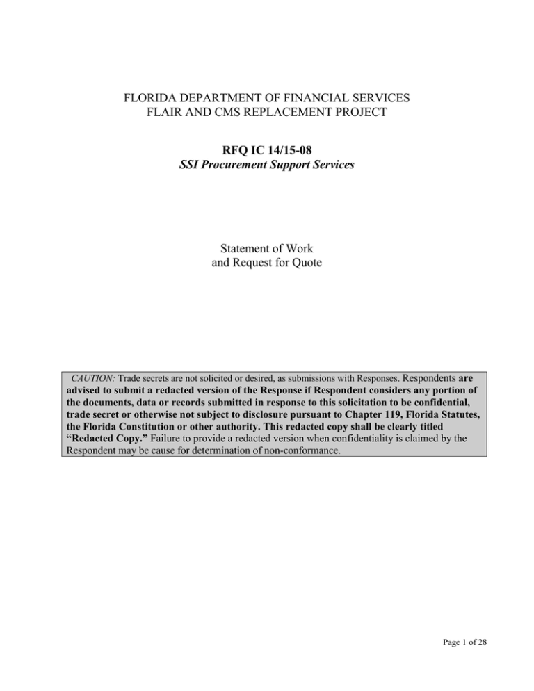 FLORIDA DEPARTMENT OF FINANCIAL SERVICES FLAIR AND CMS REPLACEMENT PROJECT