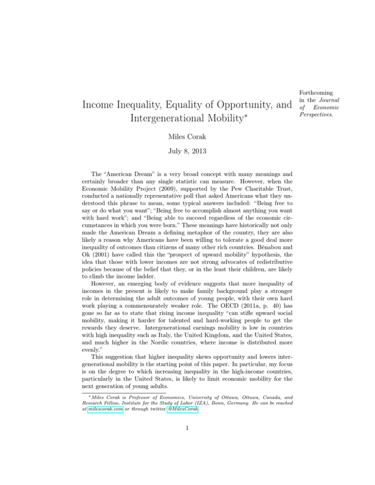 Income Inequality Equality Of Opportunity And Intergenerational Mobility Miles Corak