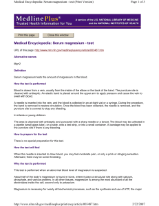 Medical Encyclopedia: Serum magnesium - test Page 1 of 3