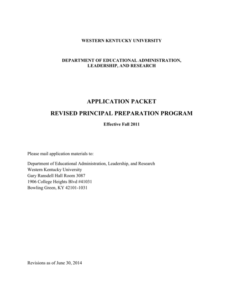 APPLICATION PACKET REVISED PRINCIPAL PREPARATION PROGRAM