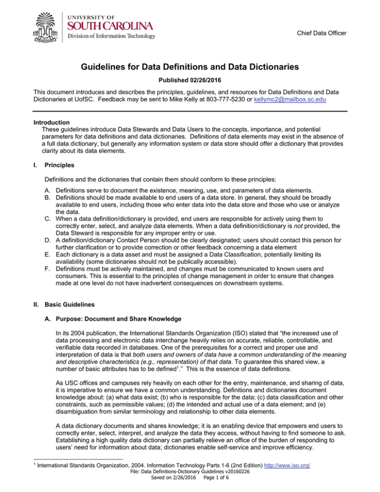 Guidelines for Data Definitions and Data Dictionaries