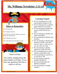 Ms. Williams Newsletter 1-11-16 Dates to Remember Learning Targets