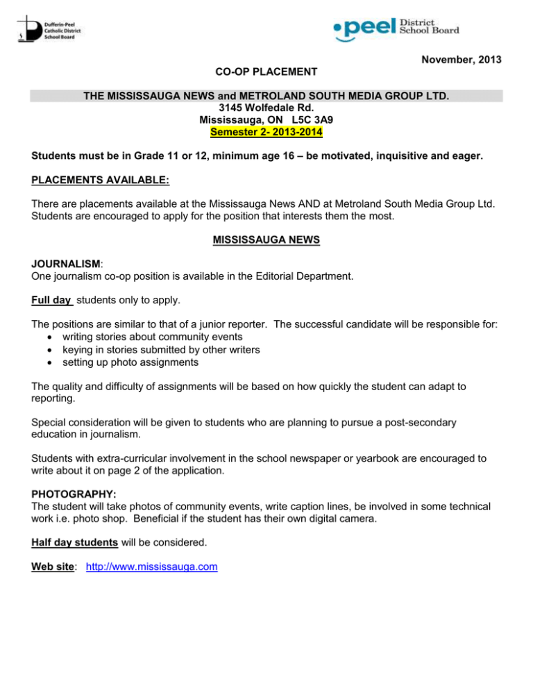 November, 2013 COOP PLACEMENT