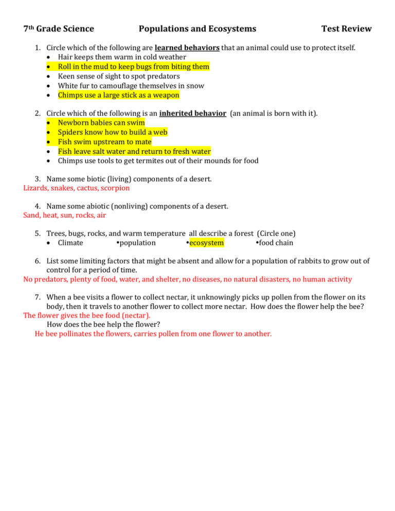 7 Grade Science Populations and Ecosystems Test Review