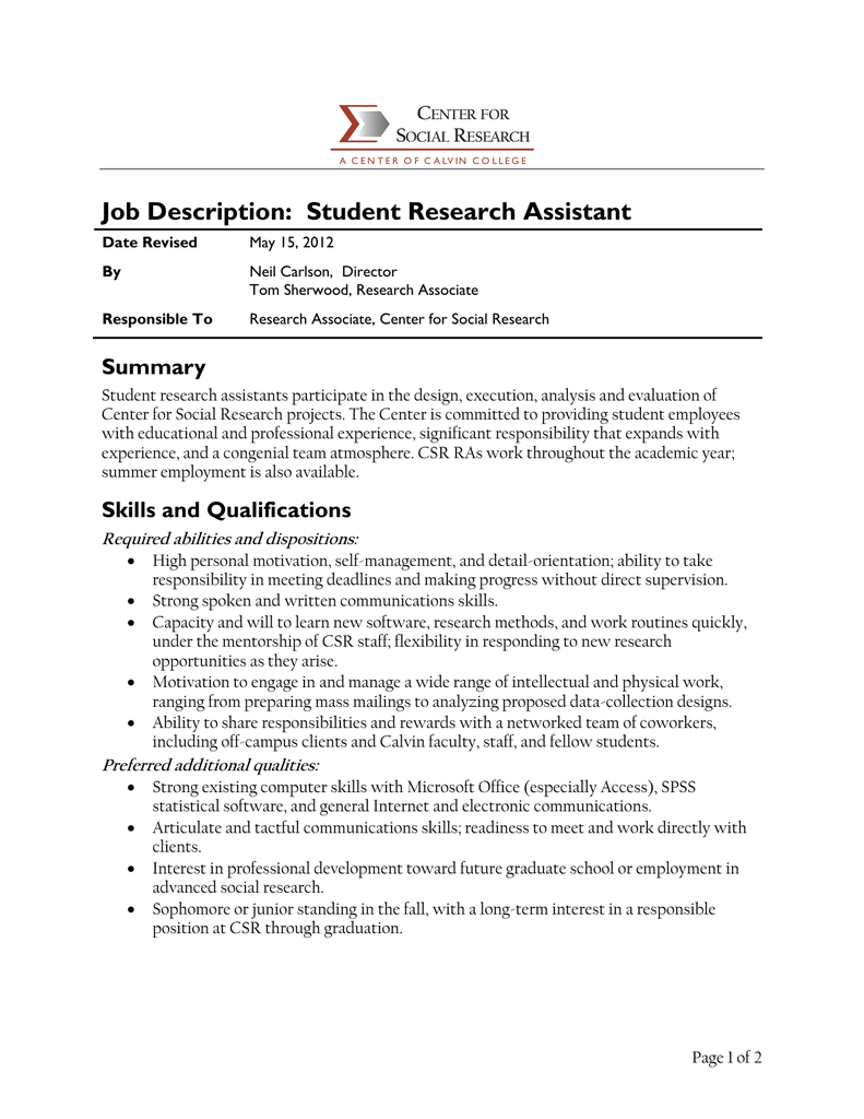 Job Description: Student Research Assistant C S