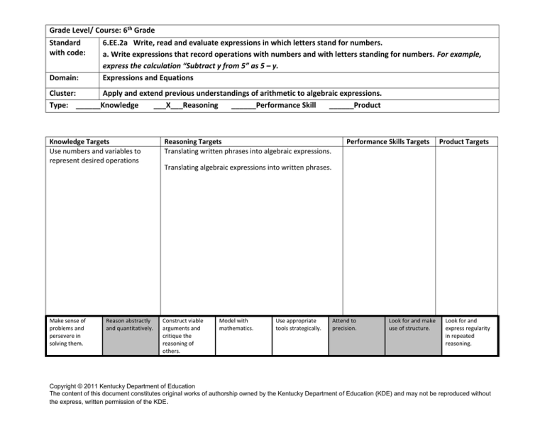 Grade Level/ Course: 6 Grade Standard