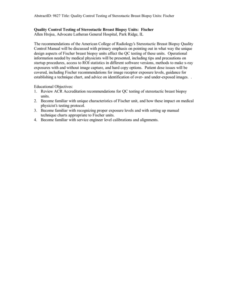 Quality Control Testing of Stereotactic Breast Biopsy Units Fischer