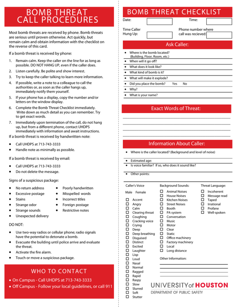 BOMB THREAT CALL PROCEDURES BOMB THREAT CHECKLIST