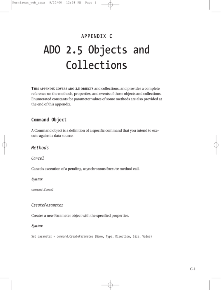 ADO 2.5 Objects & Collections: Command & Connection Objects