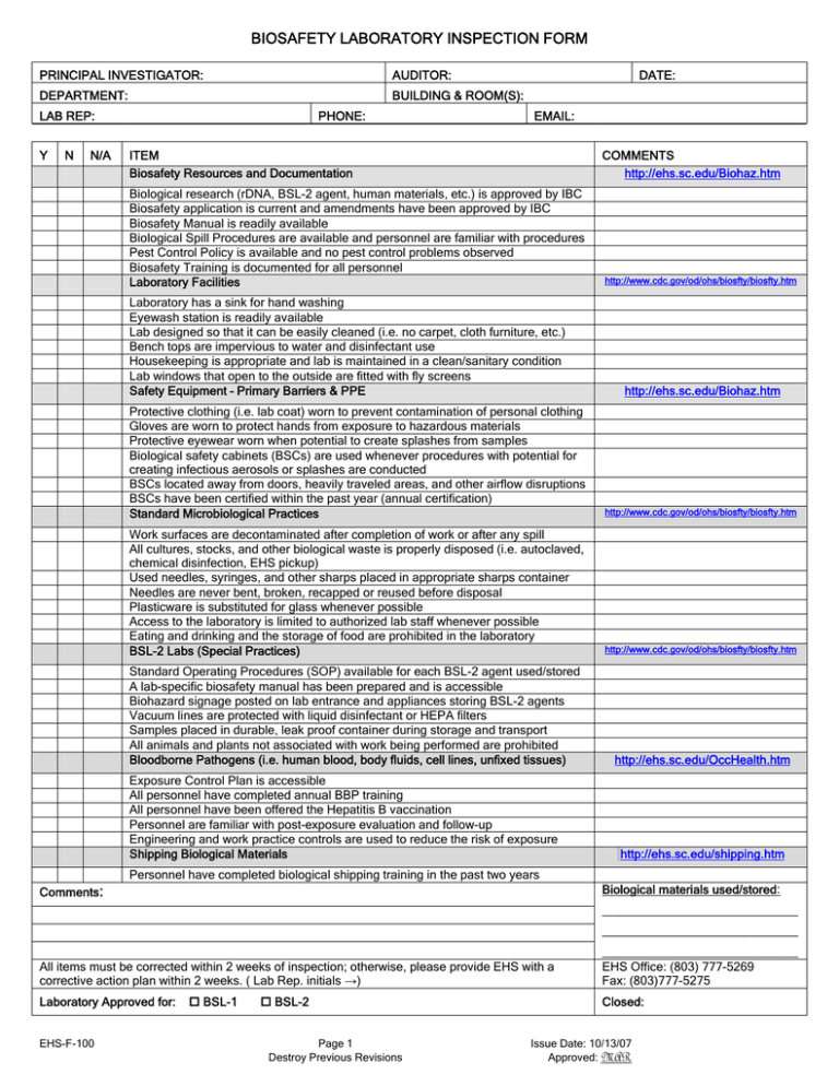 BIOSAFETY LABORATORY INSPECTION FORM