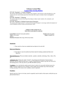 Literacy Lesson Plan  Lesson Plan Scoring Rubric INTASC Standard 1. Content Pedagogy