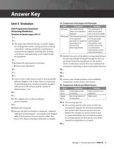 Answer Key Unit 3  Evolution Unit Preparation Questions (Assessing Readiness)