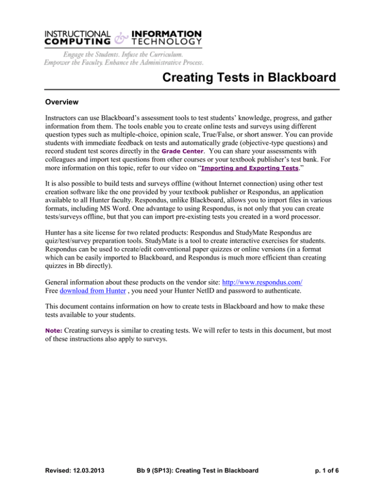 Creating Tests In Blackboard Overview