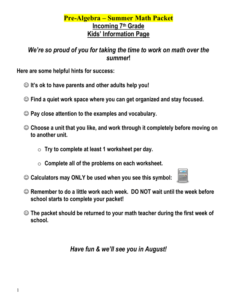 pre algebra summer math packet incoming 7 grade kids information page