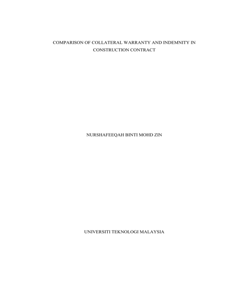 COMPARISON OF COLLATERAL WARRANTY AND INDEMNITY IN CONSTRUCTION CONTRACT