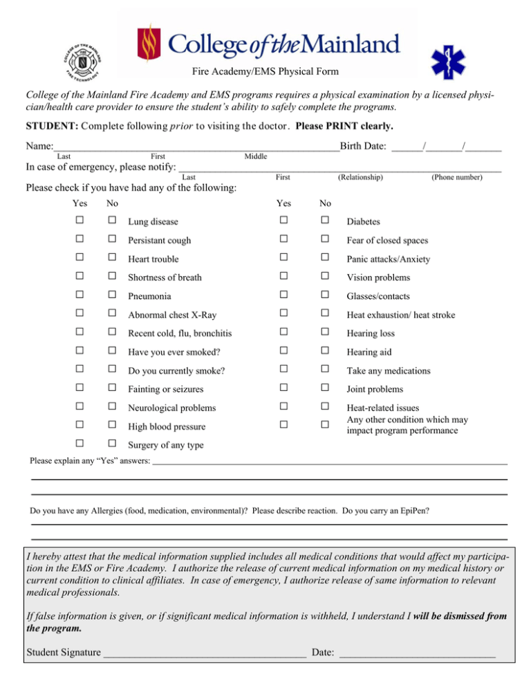 Fire Academy/EMS Physical Form