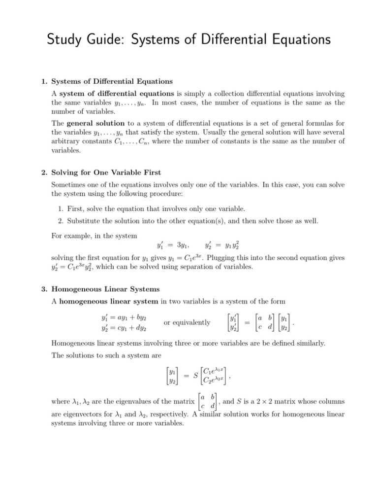 Study Guide Systems of Differential Equations