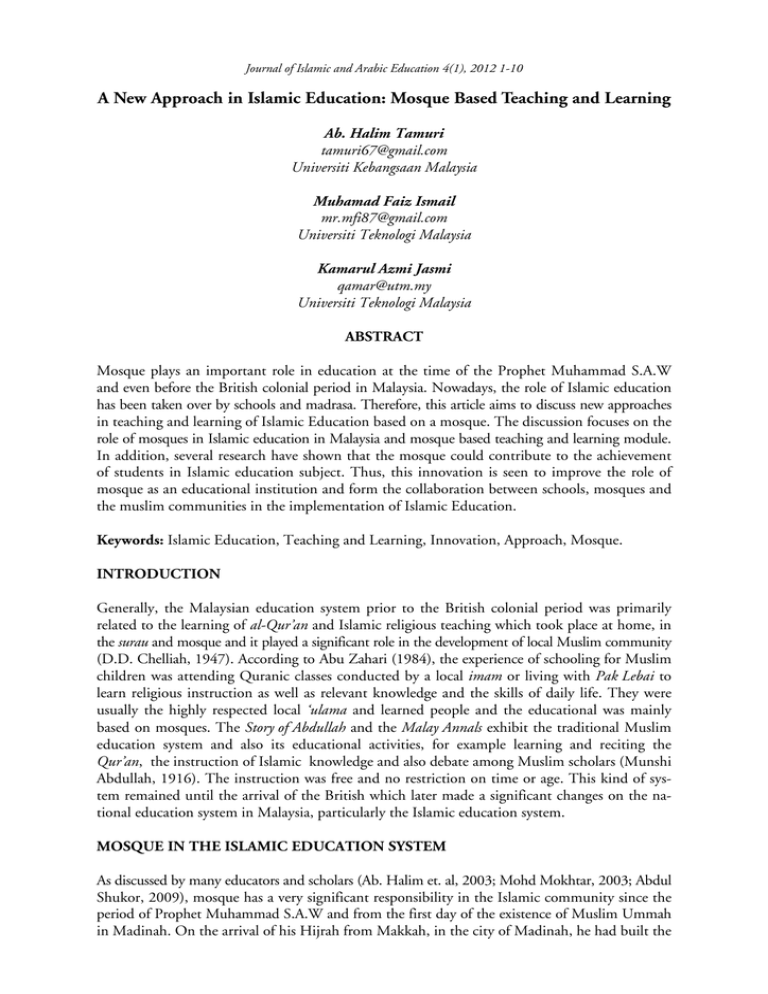 A New Approach In Islamic Education Mosque Based Teaching And