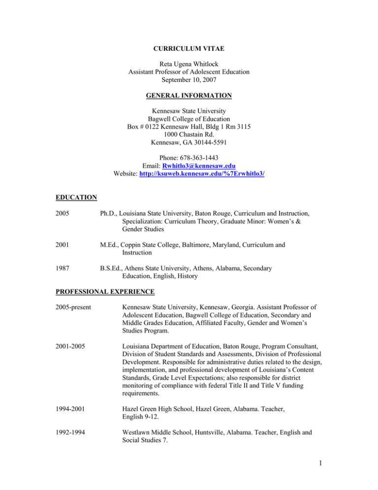 CURRICULUM VITAE GENERAL INFORMATION Reta Ugena Whitlock