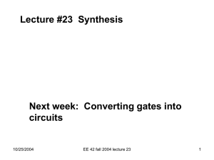 Lecture #23  Synthesis Next week:  Converting gates into circuits 10/25/2004