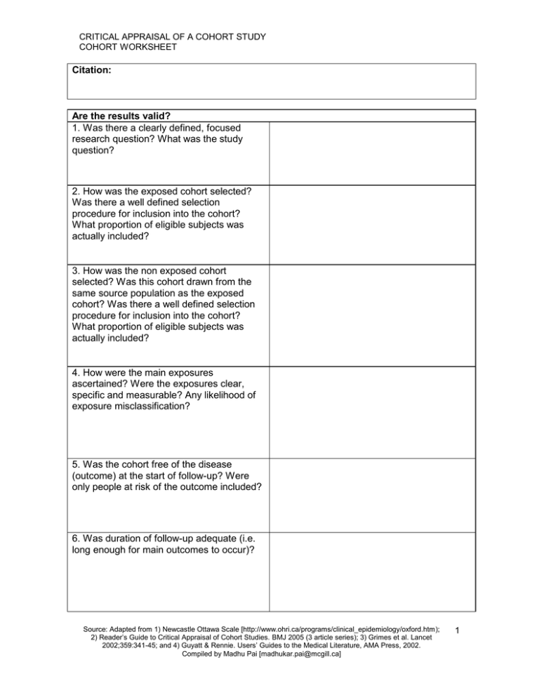 Cohort Study Critical Appraisal Worksheet