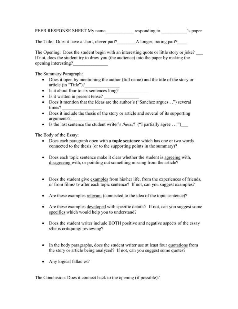 Peer Response Sheet