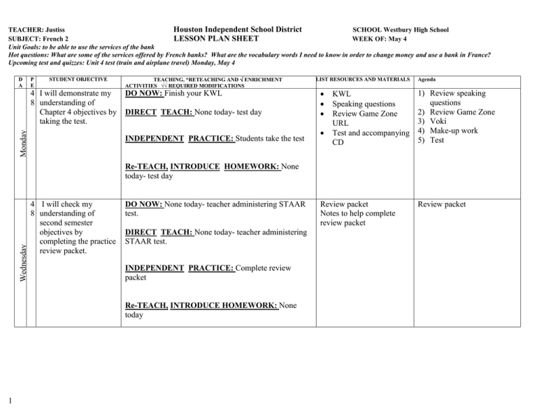 Houston Independent School District LESSON PLAN SHEET