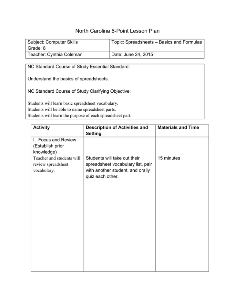 Spreadsheet Basics Lesson Plan for 8th Grade