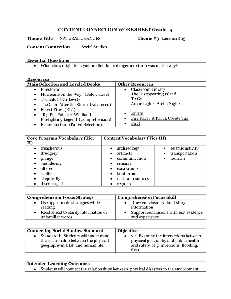 content connection worksheet grade 4