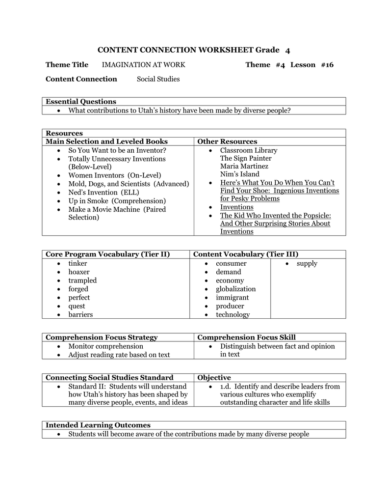content connection worksheet grade 4