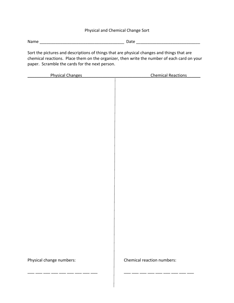 Physical and Chemical Change Sort