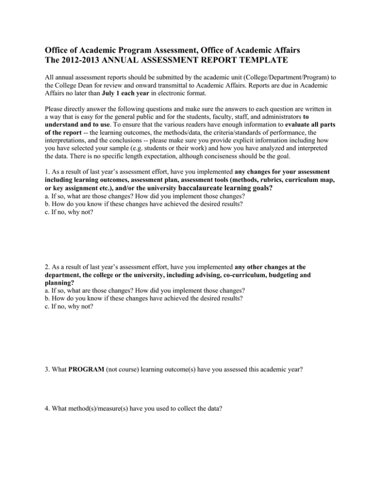 Academic Program Assessment Report Template 2012-2013