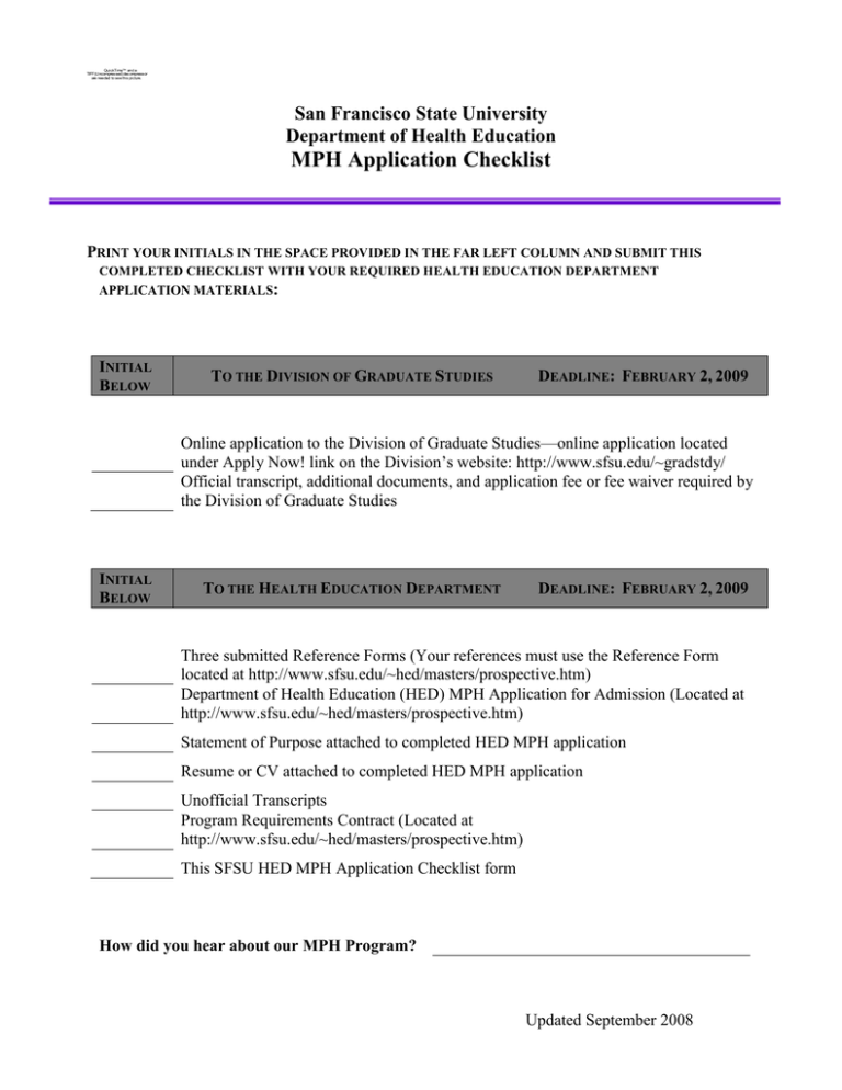 MPH Application Checklist San Francisco State University Department of