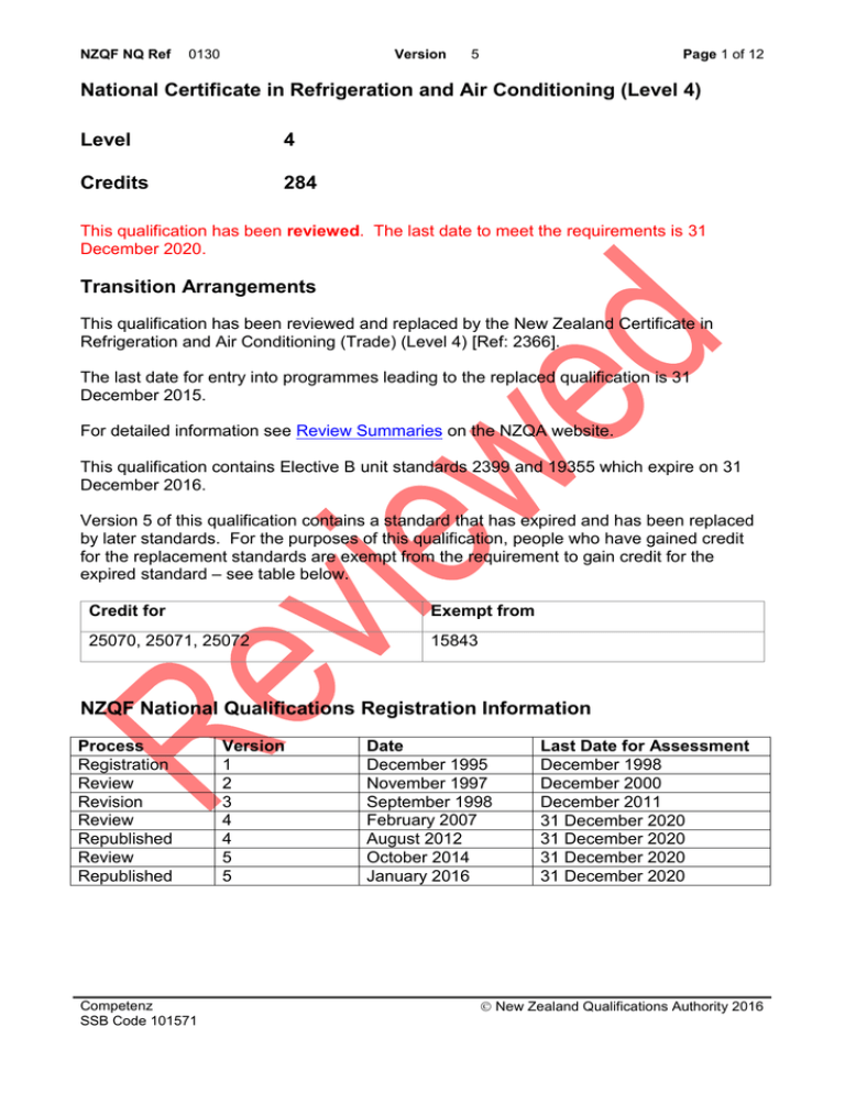 National Certificate in Refrigeration and Air Conditioning (Level 4