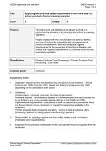 Food Safety & Hygiene Unit Standard: Primary Products Processing