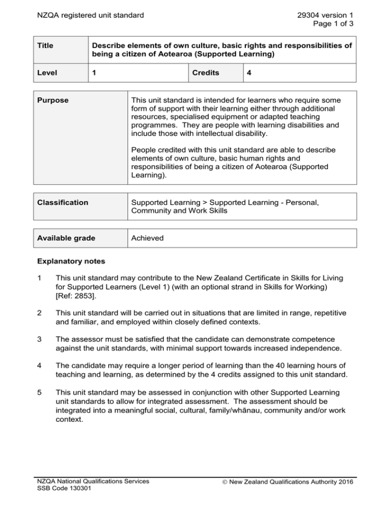 NZQA registered unit standard 29304 version 1 Page 1 of 3